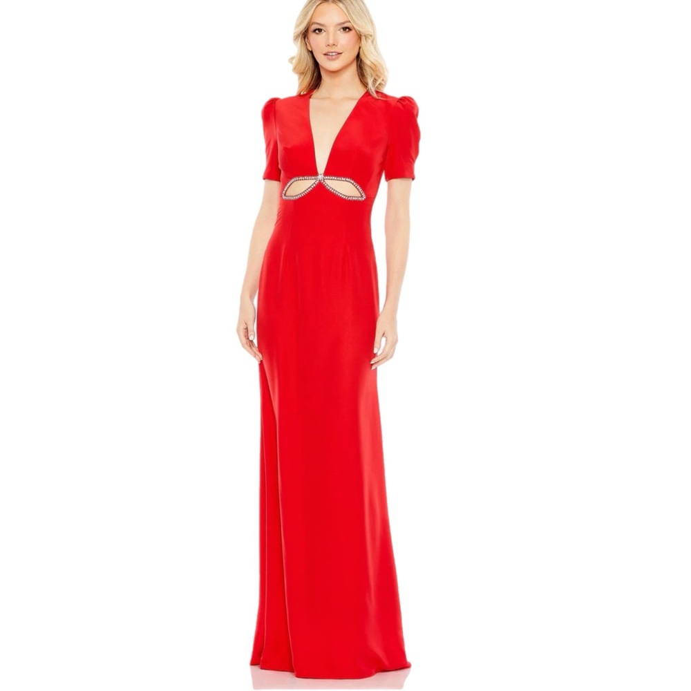 NWT IEENA for Mac Duggal $498 MSRP Red Short Sleeve Crystal Cutout Gown Size 2